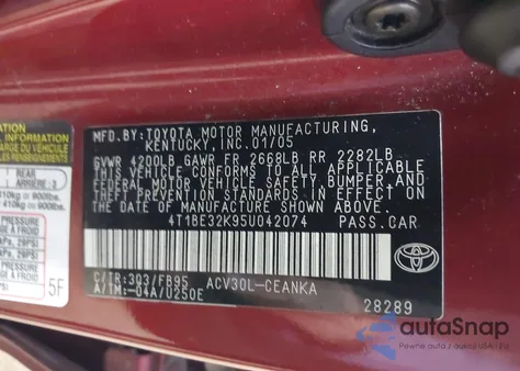 2005 Toyota Camry Le from USA, damaged, VIN 4T1BE32K95U042074